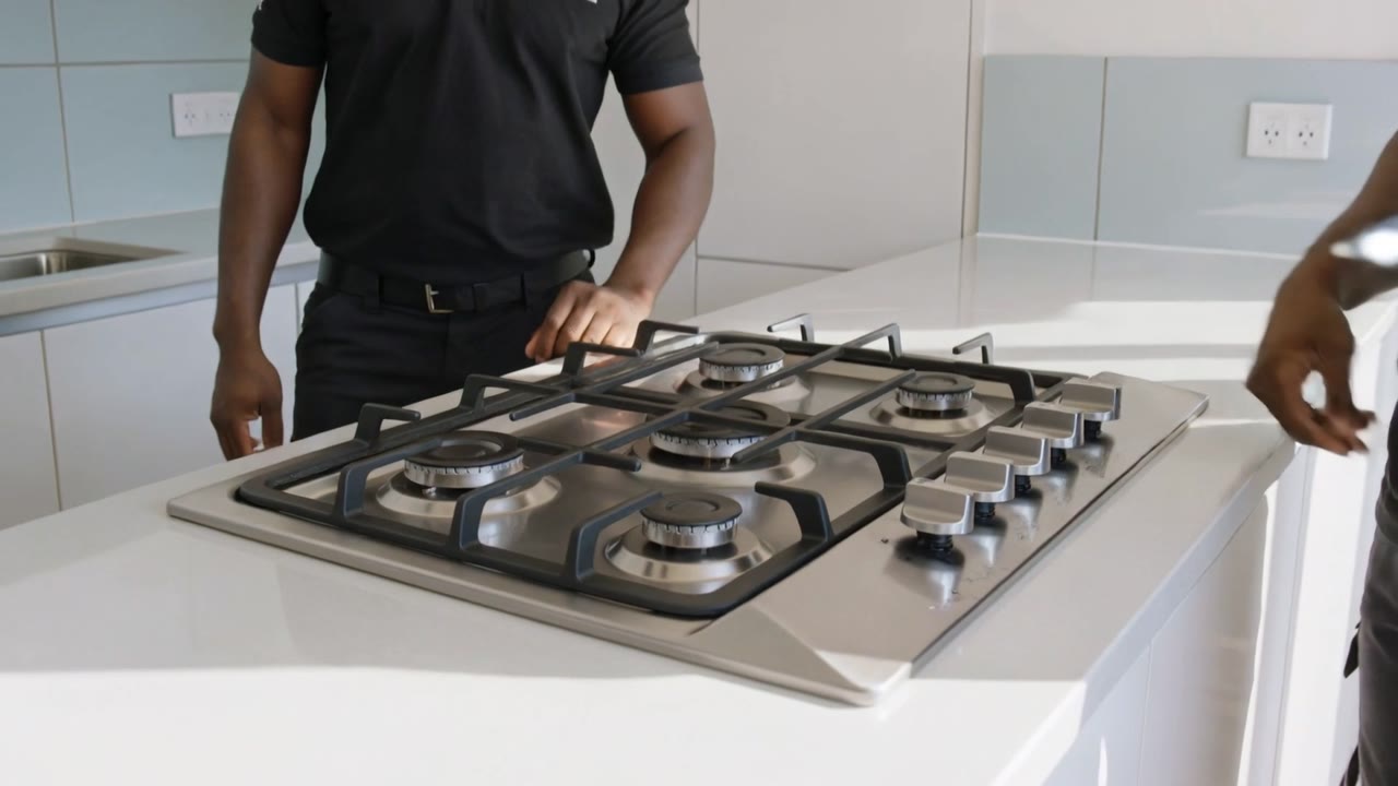 Gas Installers Durban - two registered gas installers fitting an LPG gas hob into a kitchen worktop